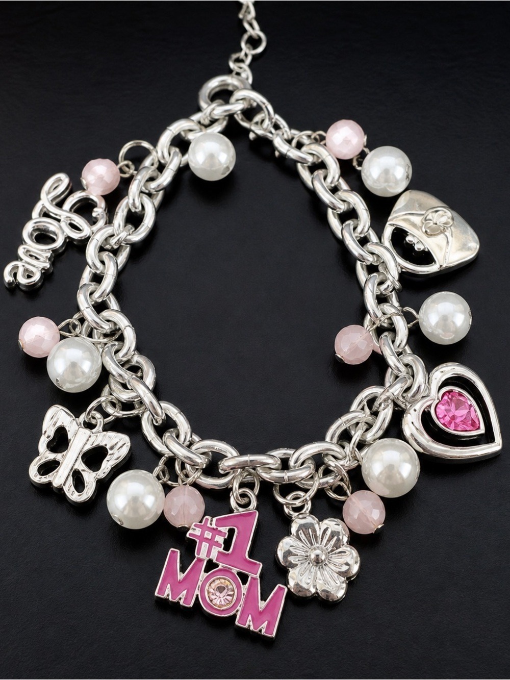 Silver Charm Bracelet #1 Mom Pink Heart Butterfly Flower Beads Cute Gift